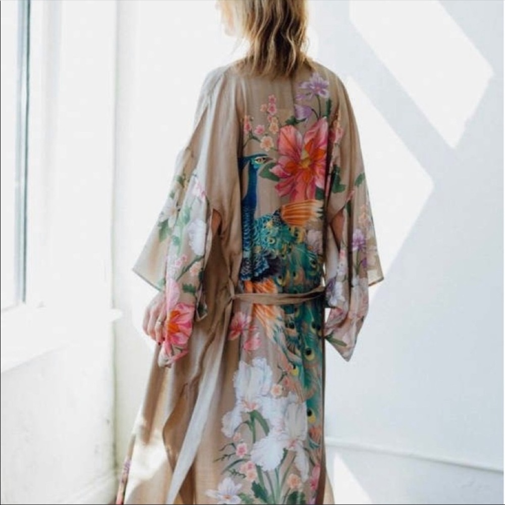 Boho Gypsy Floral Print Maxi Kimono Tan Peacock - Picture 5 of 8